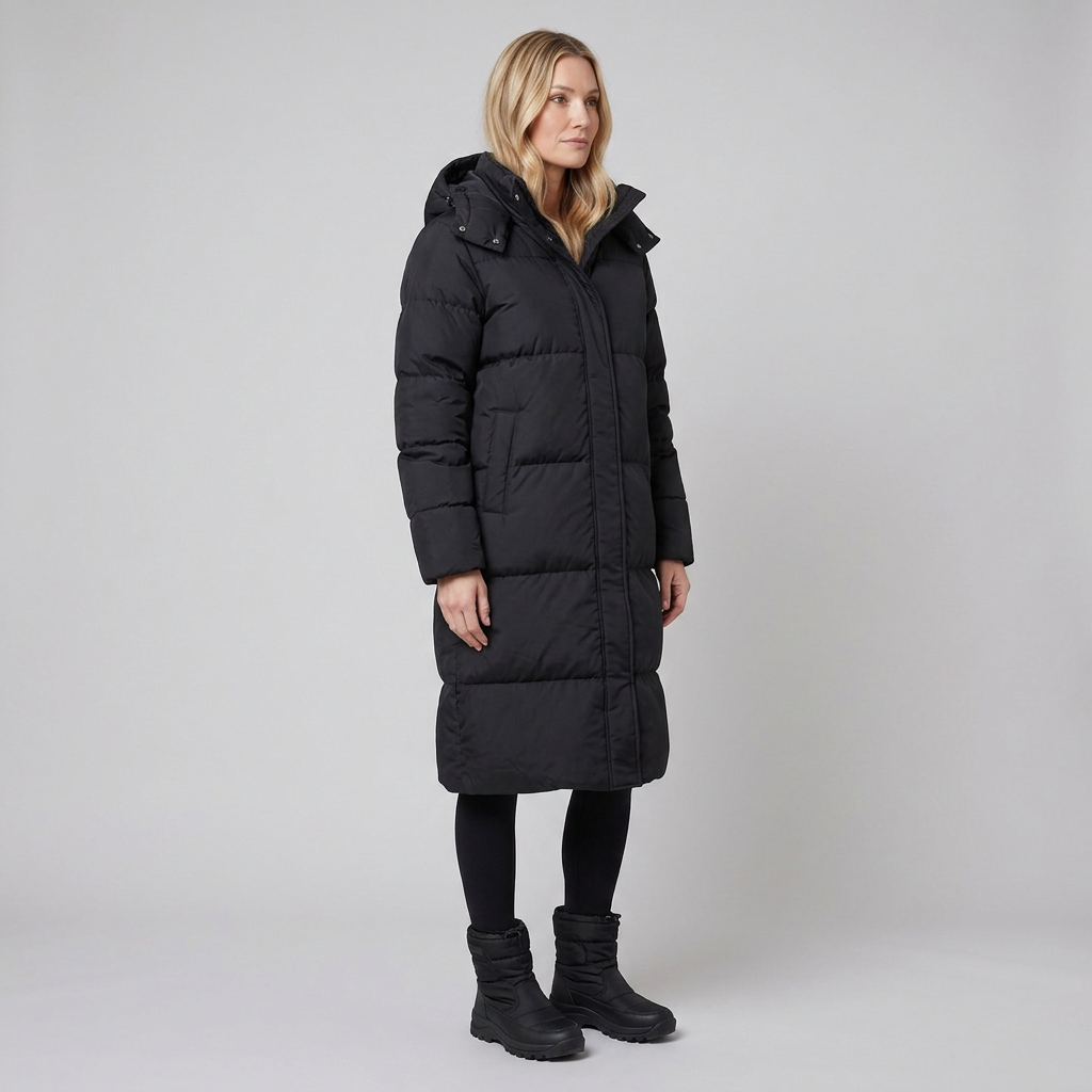 Liora long puffer coat black three-quarter pose on model