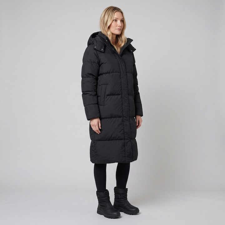 Liora long puffer coat black three-quarter pose on model