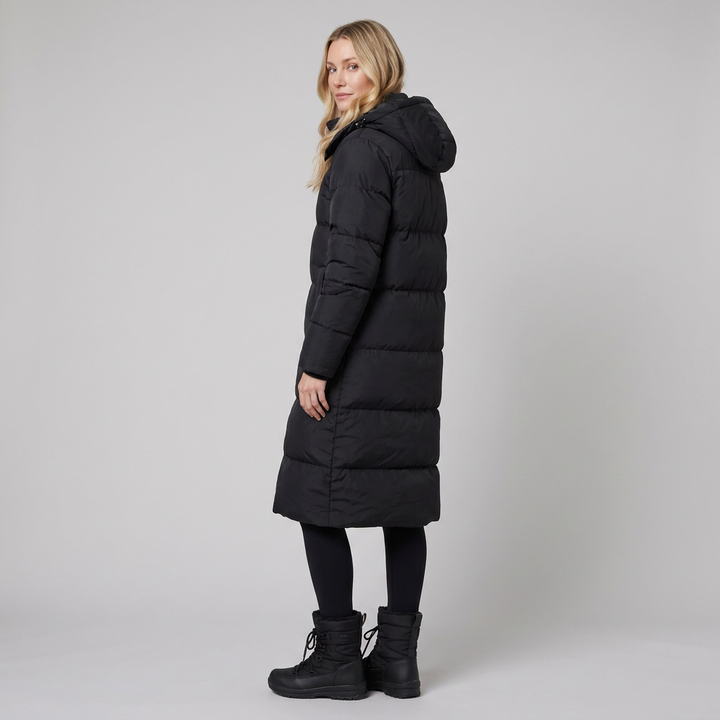 Liora long puffer coat black side back on model