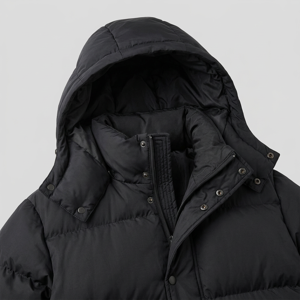 Liora puffer coat hood collar snap detail