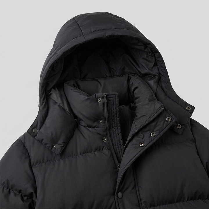 Liora puffer coat hood collar snap detail