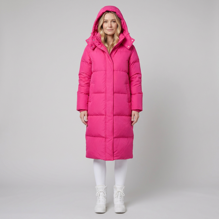 Liora long puffer coat hot pink front on model