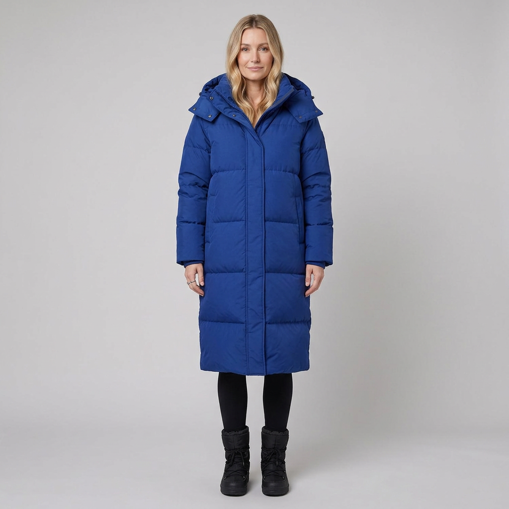 Liora long puffer coat blue front on model