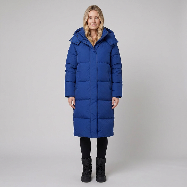Liora long puffer coat blue front on model