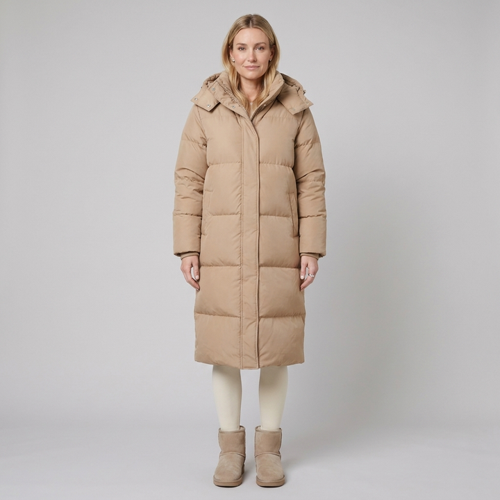 Liora long puffer coat beige front on model