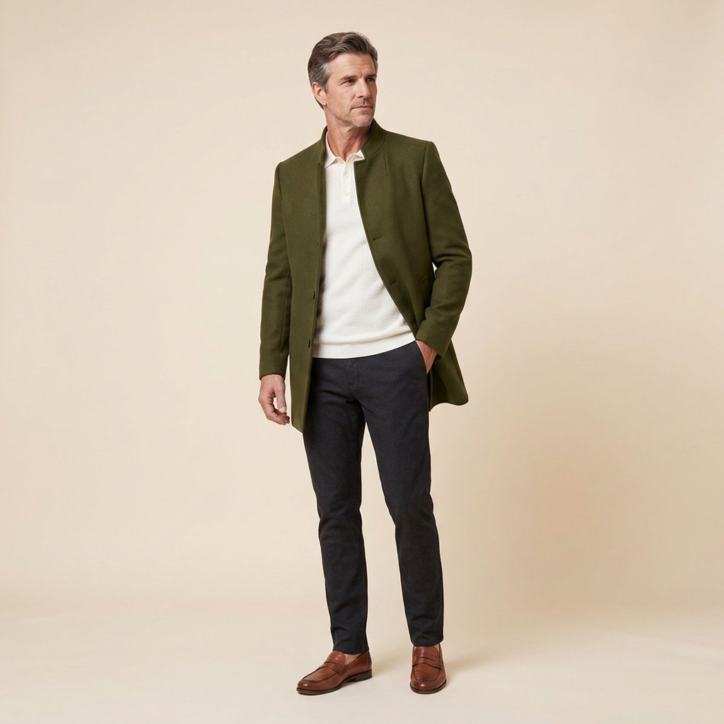 Jaxon wool blazer coat green three-quarter pose on model