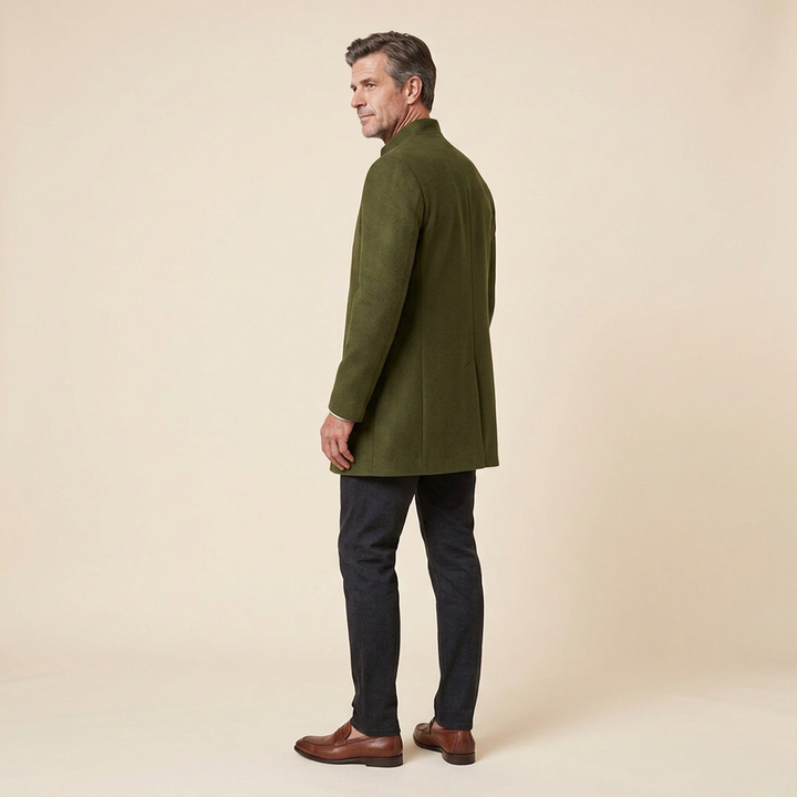 Jaxon wool blazer coat green side back on model