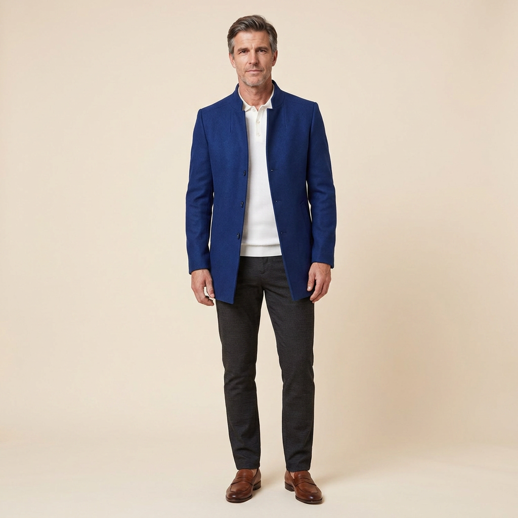 Jaxon wool blazer coat blue front on model
