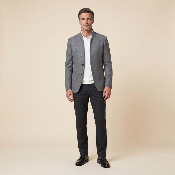 Jaxon wool blazer coat grey front on model