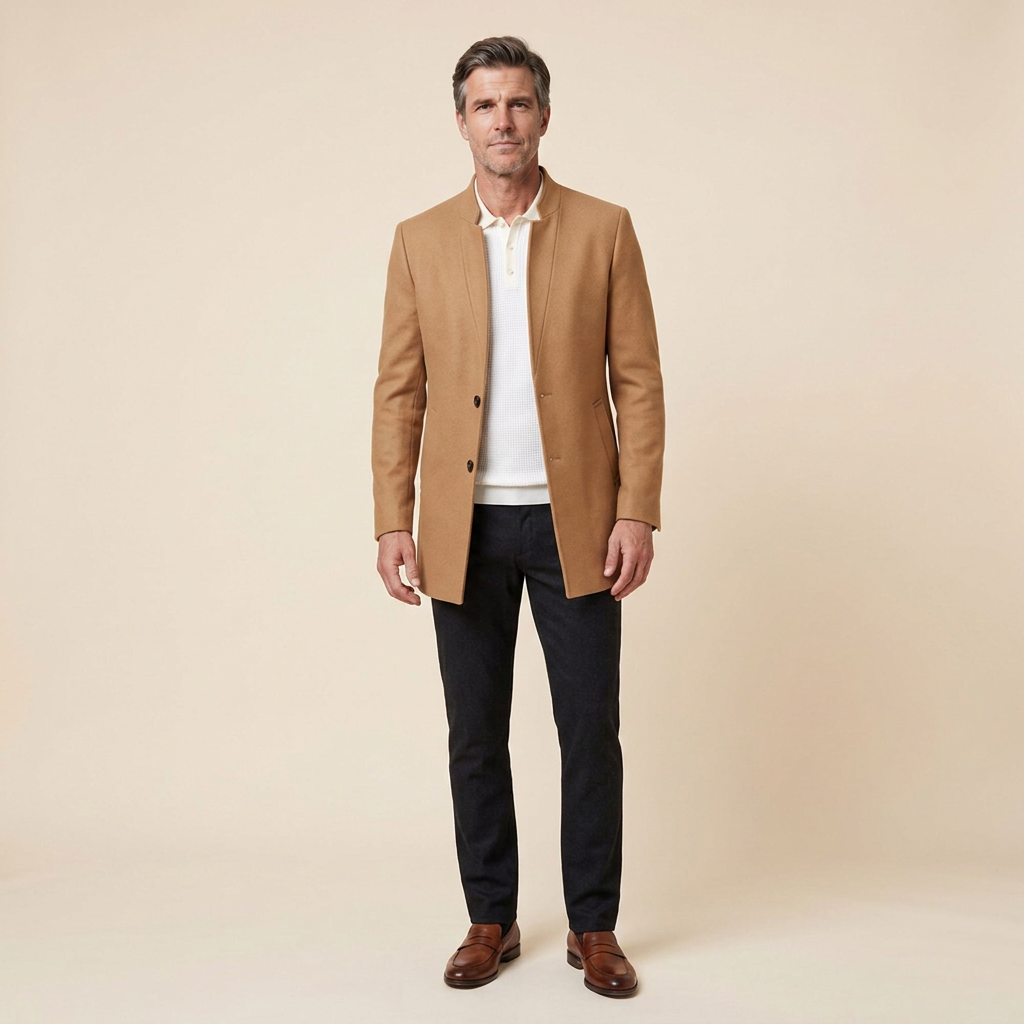 Jaxon wool blazer coat camel front on model