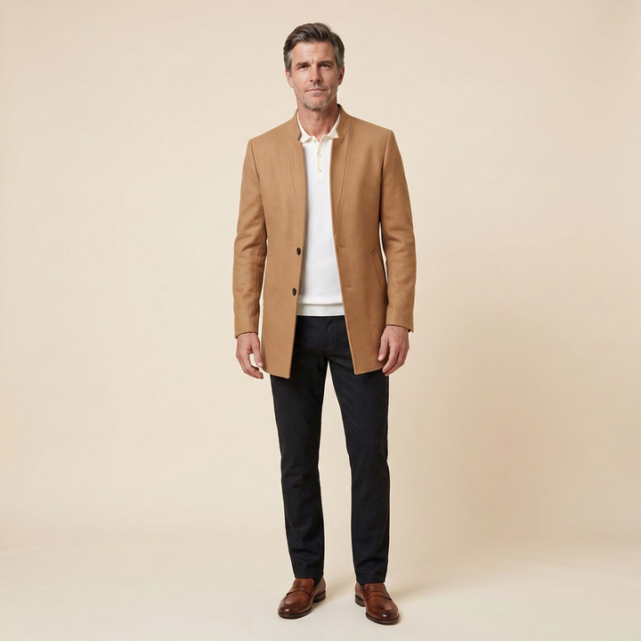 Jaxon wool blazer coat camel front on model