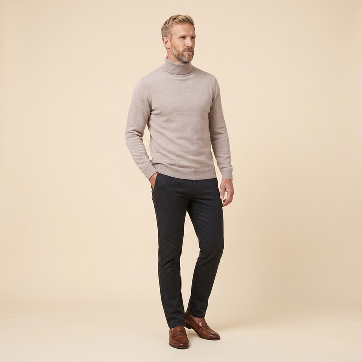Travis turtleneck beige three-quarter pose on model