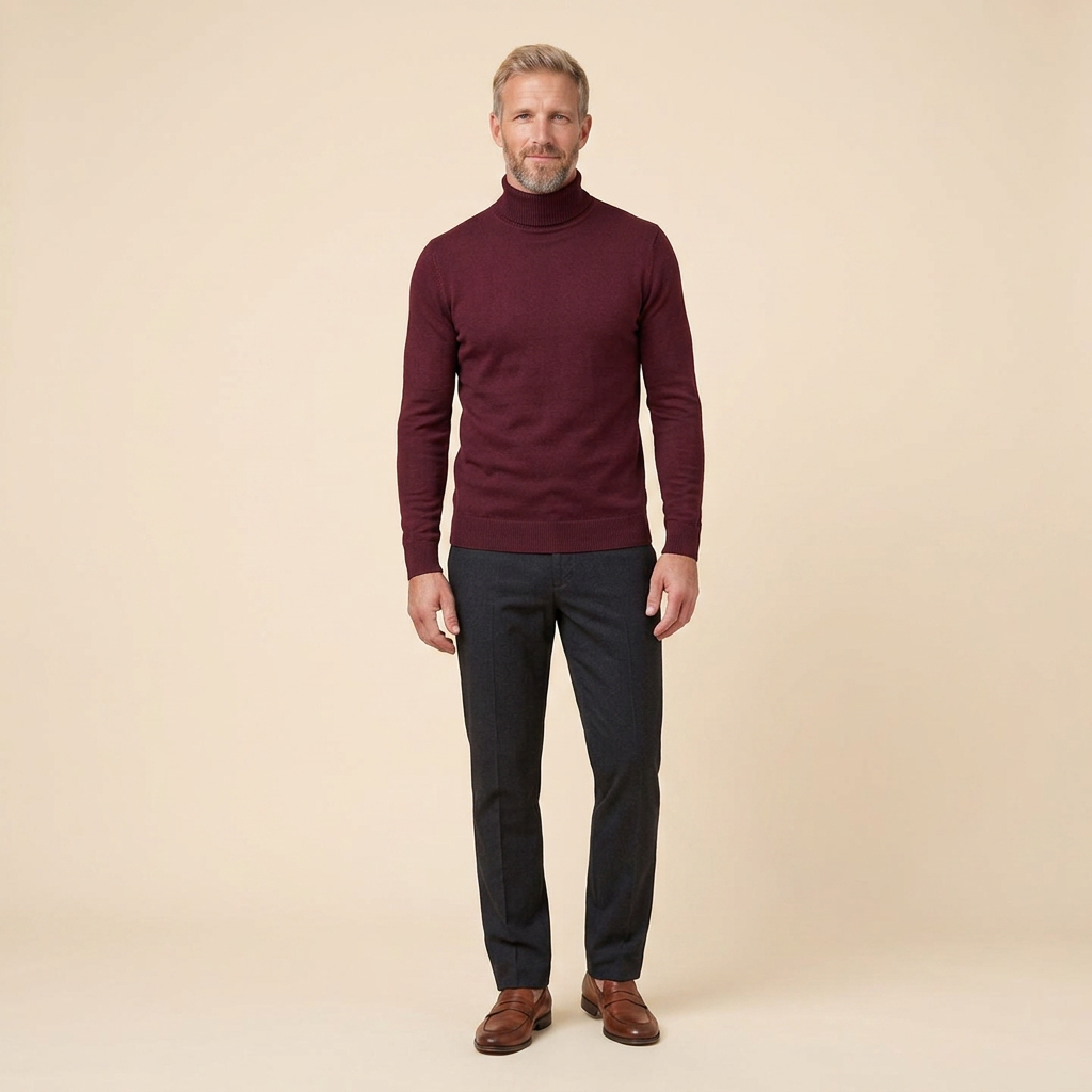 Travis turtleneck burgundy front on model