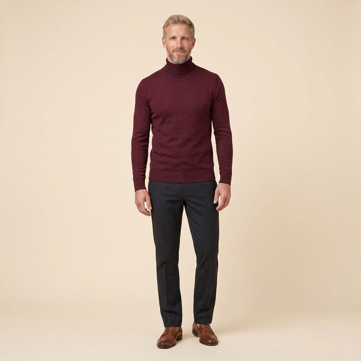 Travis turtleneck burgundy front on model