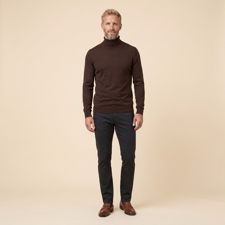 Travis turtleneck dark brown front on model