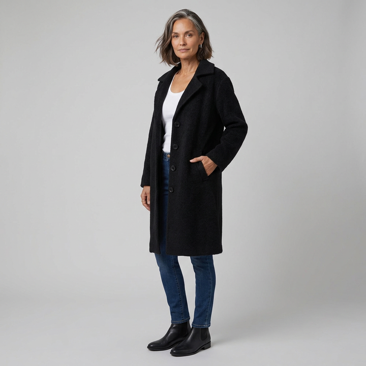 Baylea wool coat black three-quarter pose on model