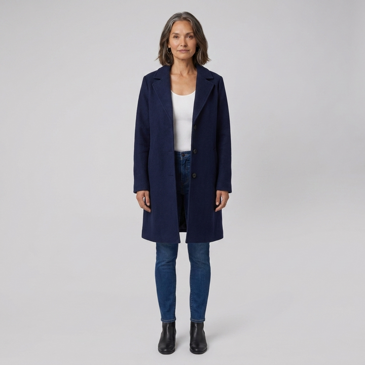 Baylea wool coat navy blue front on model