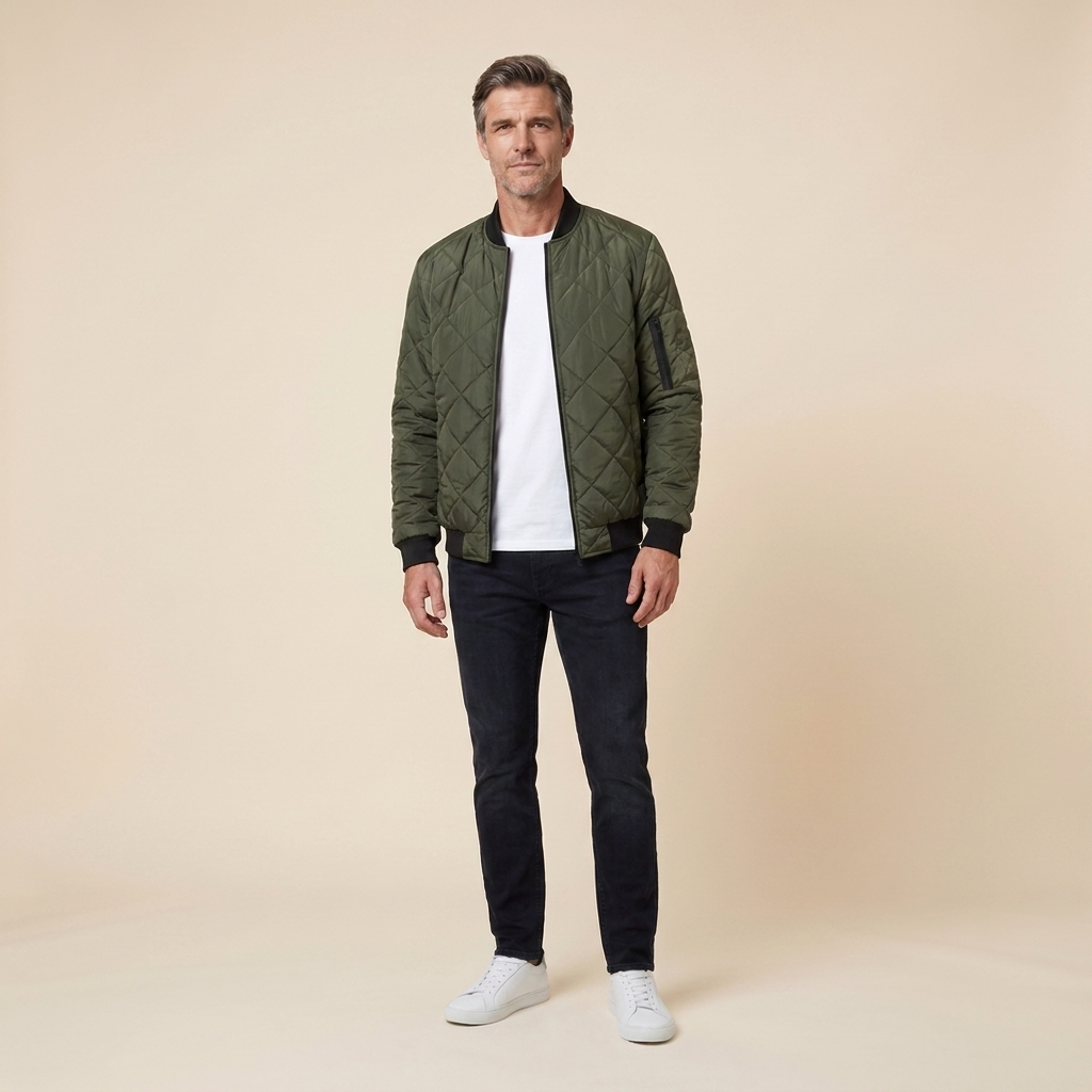 Grayson quilted bomber army green front on model