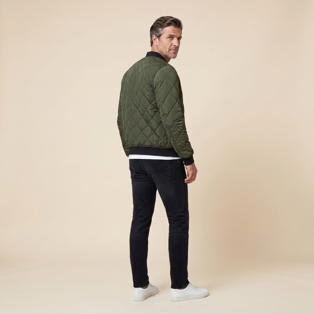 Grayson quilted bomber army green side back on model
