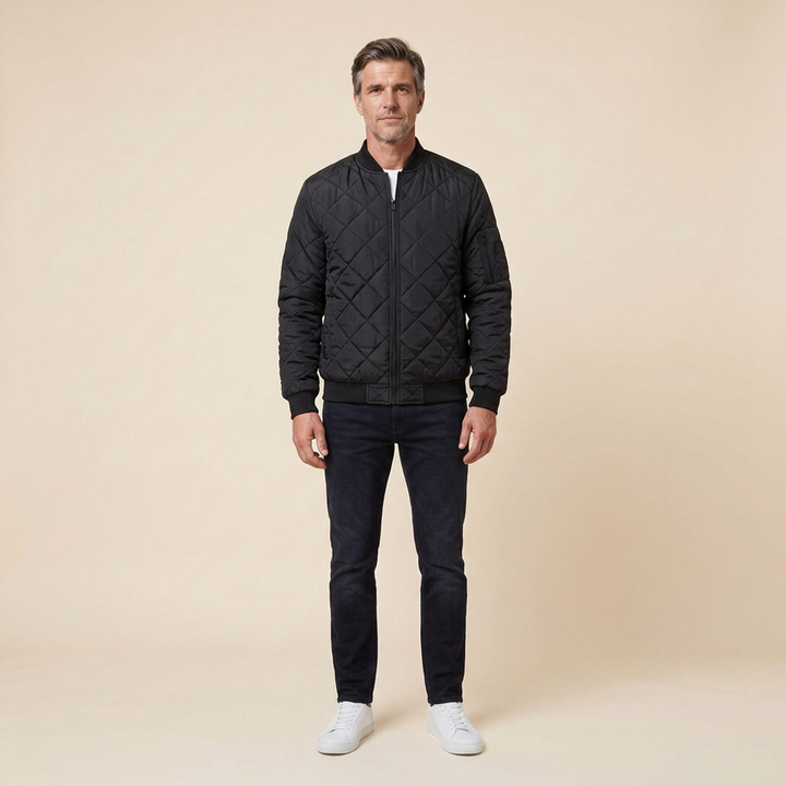 Grayson quilted bomber black front on model
