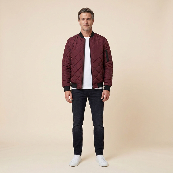 Grayson quilted bomber burgundy front on model