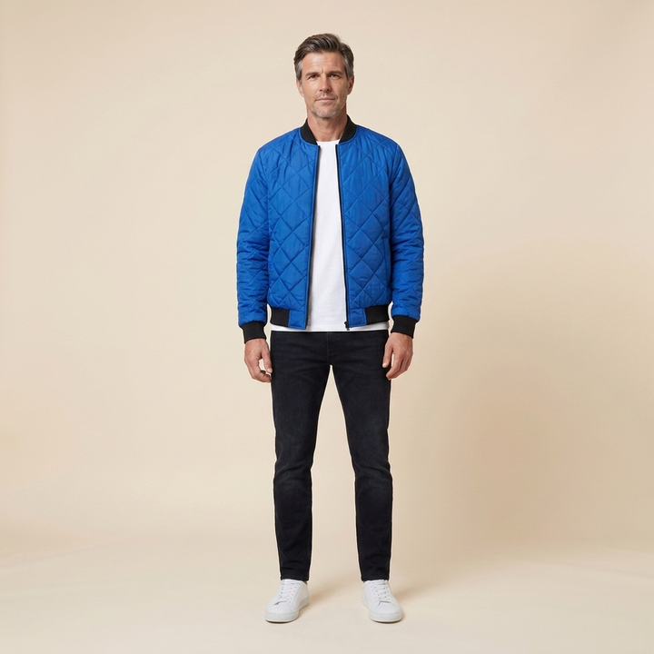 Grayson quilted bomber royal blue front on model