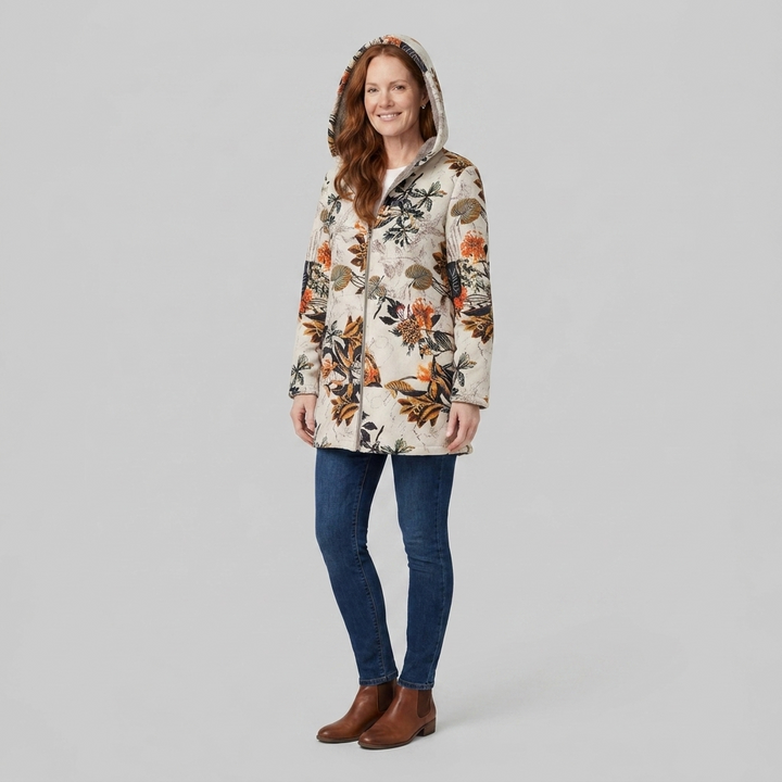 Flora parka floral hood-up pose on model