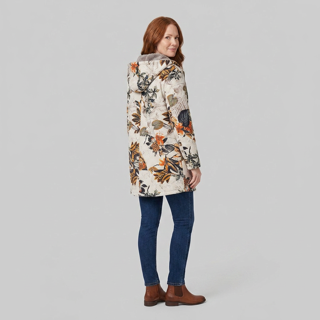 Flora parka floral side back on model