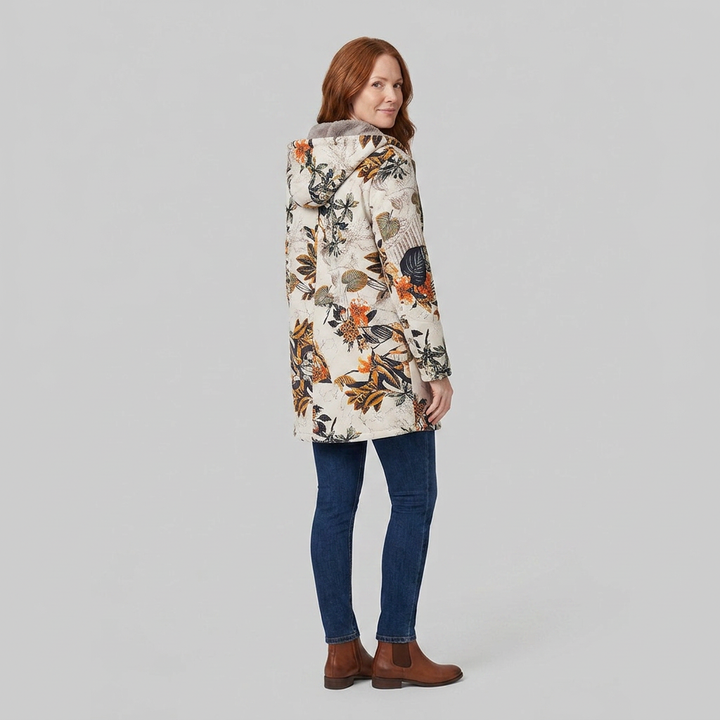 Flora parka floral side back on model