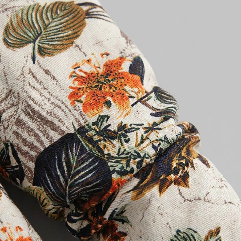 Flora parka floral print fabric close-up
