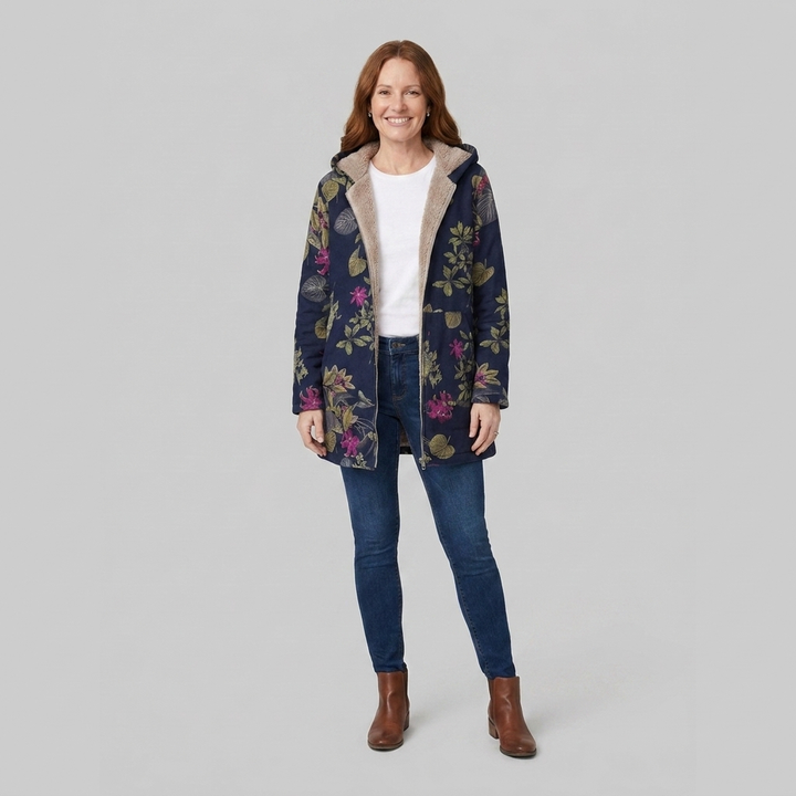 Flora parka blue floral front on model