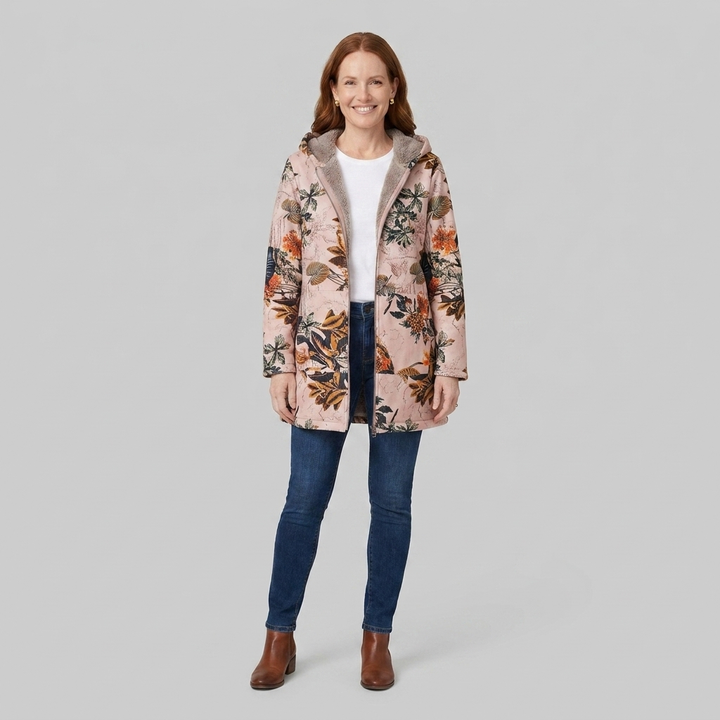 Flora parka beige pink floral front on model