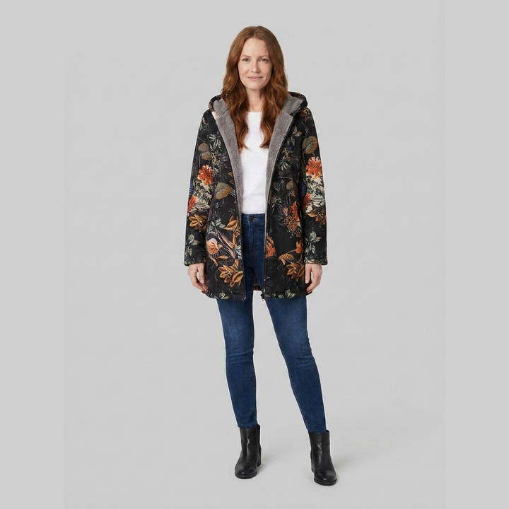 Flora parka black floral front on model
