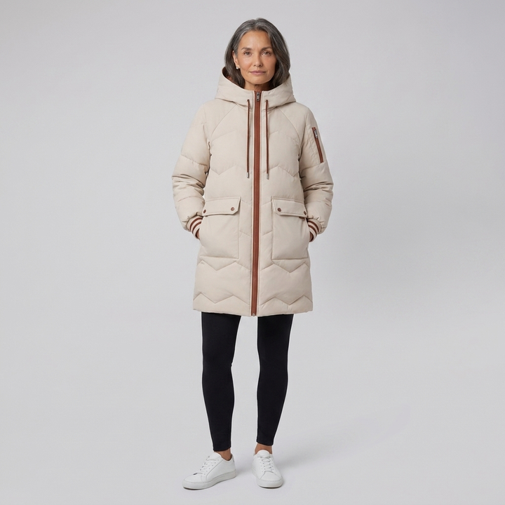 Bella beige puffer pose