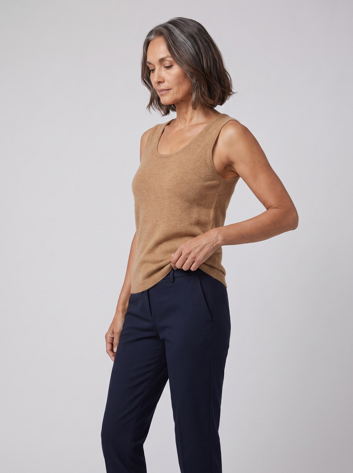 Ivanna Quinn cashmere tank camel on model