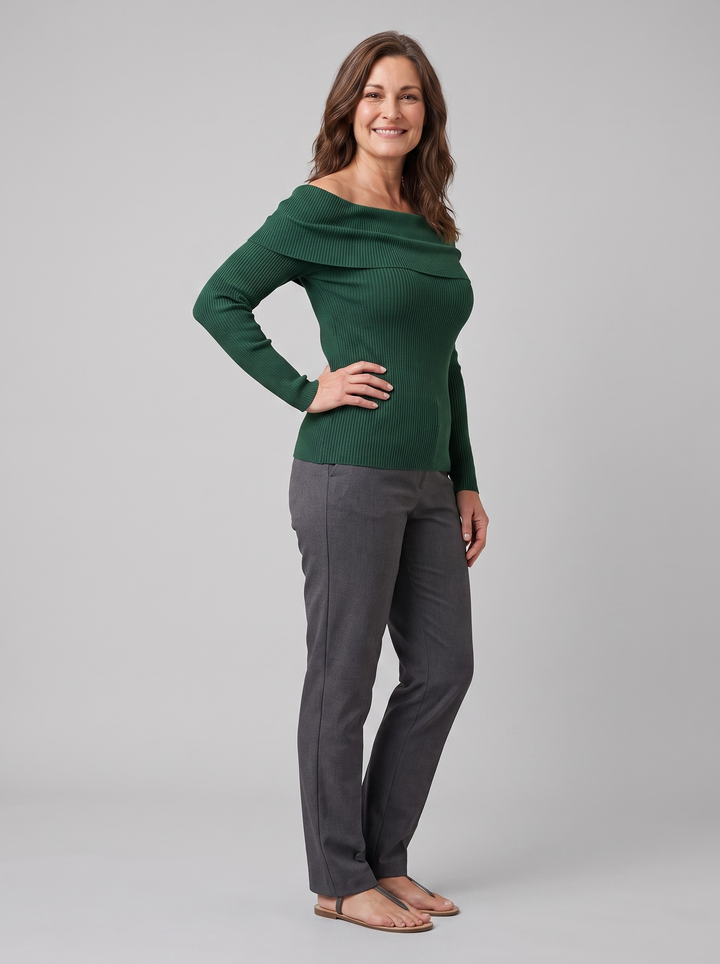 Orvieto off-shoulder knit top forest green on model