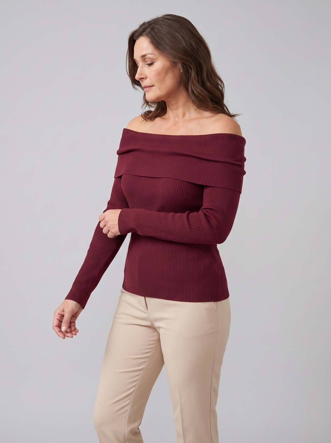 Orvieto off-shoulder knit top maroon on model