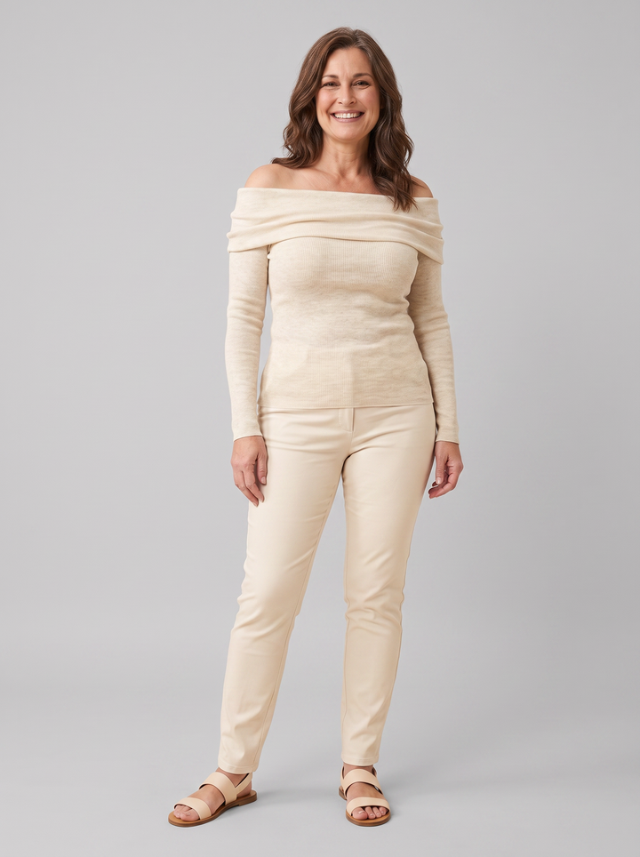 Orvieto off-shoulder knit top cream on model