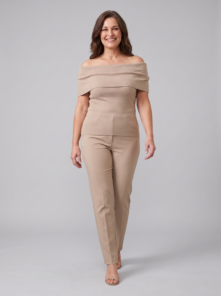 Orvieto off-shoulder knit top beige on model