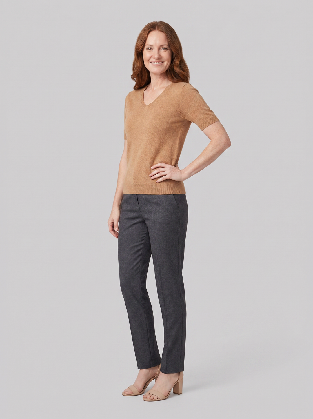 Elysian V-neck knit top camel on model