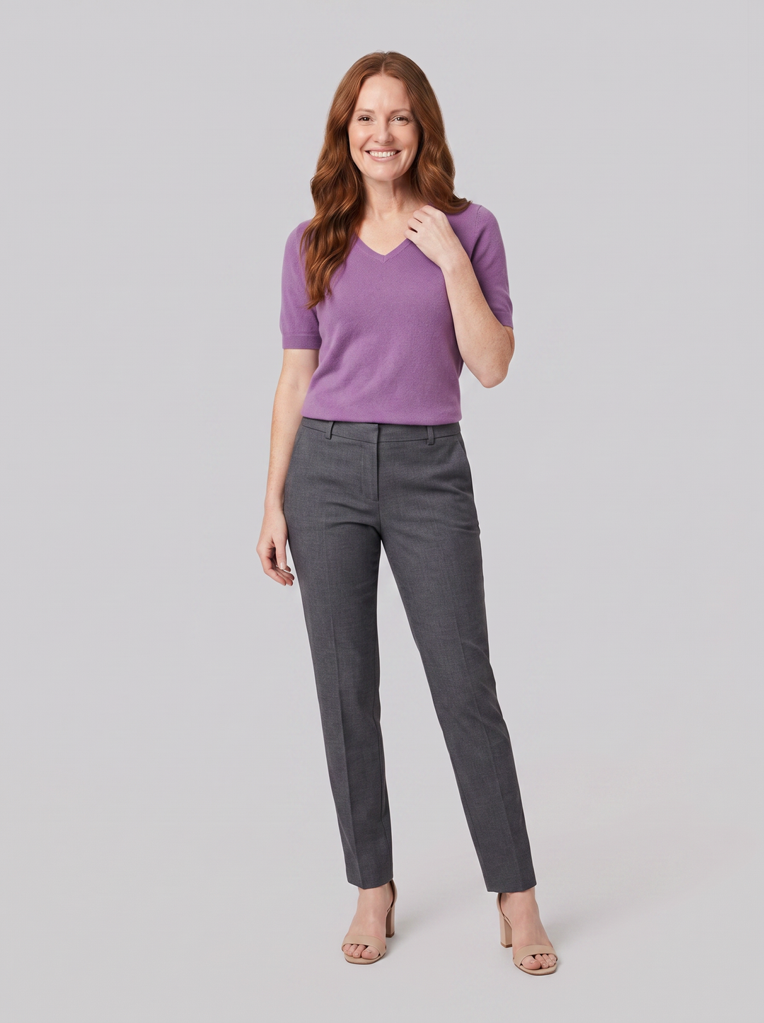 Elysian V-neck knit top purple on model