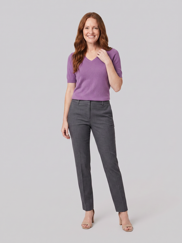 Elysian V-neck knit top purple on model