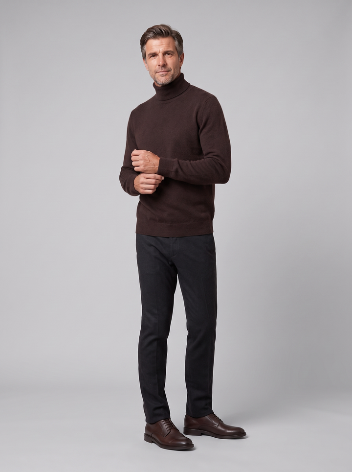 Lacceti cashmere turtleneck coffee on model