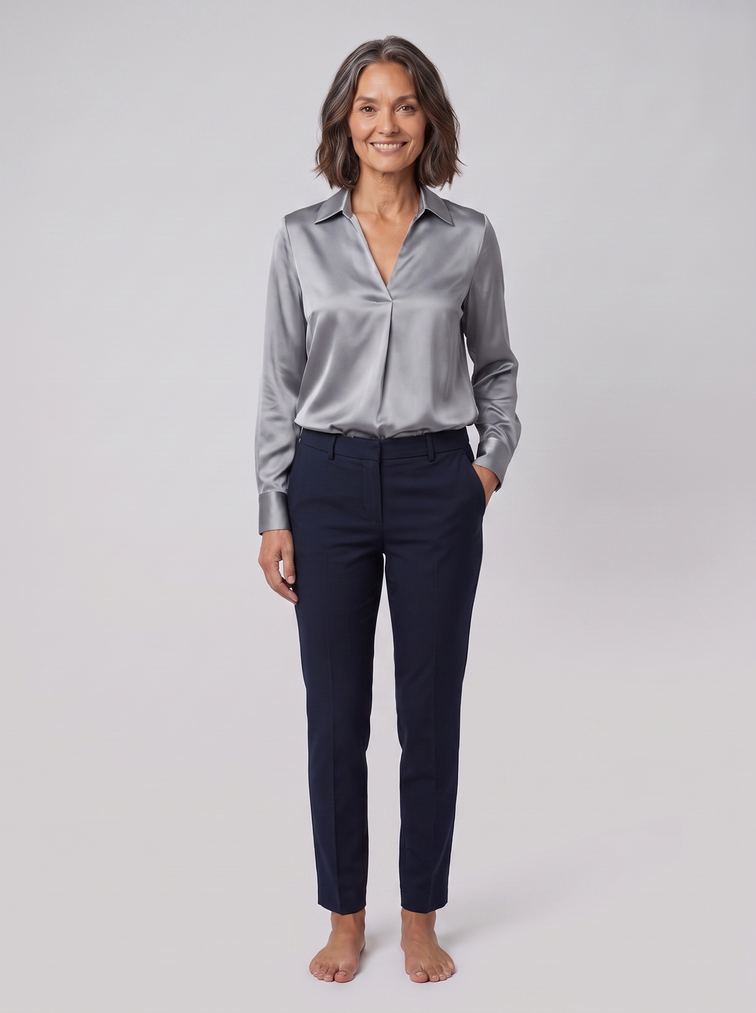Luna silver satin V-neck blouse on model