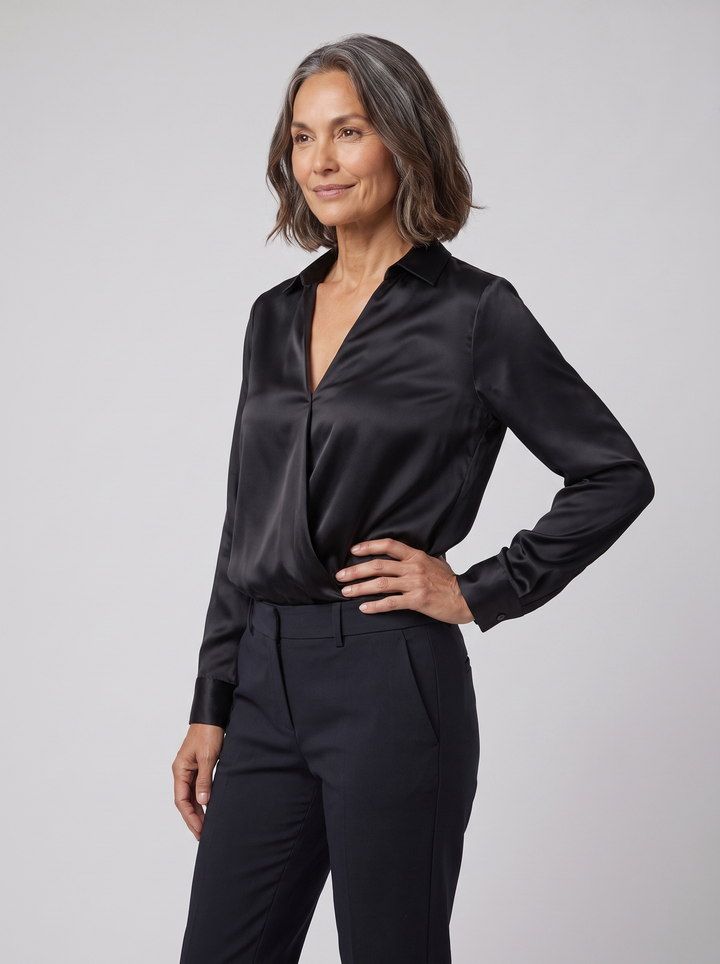 Luna black satin V-neck blouse on model