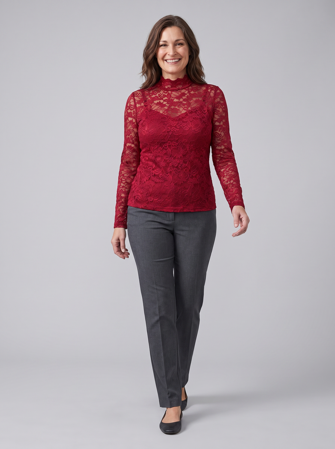 Isabelle floral lace blouse red on model