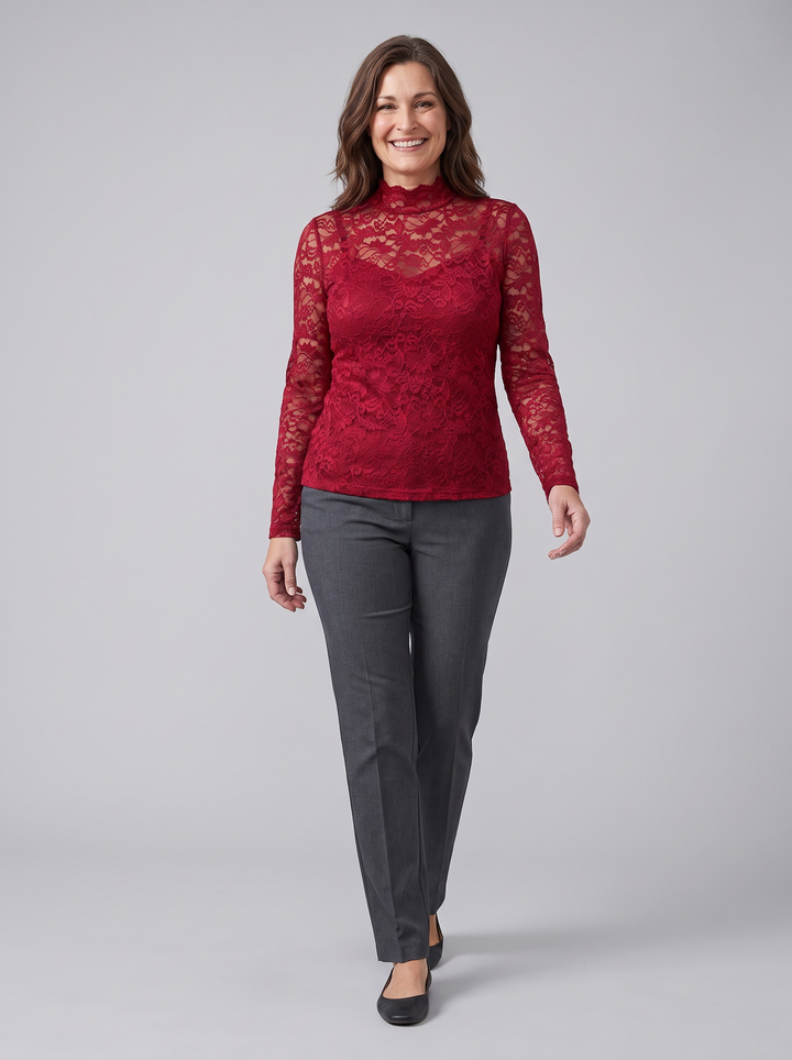 Isabelle floral lace blouse red on model