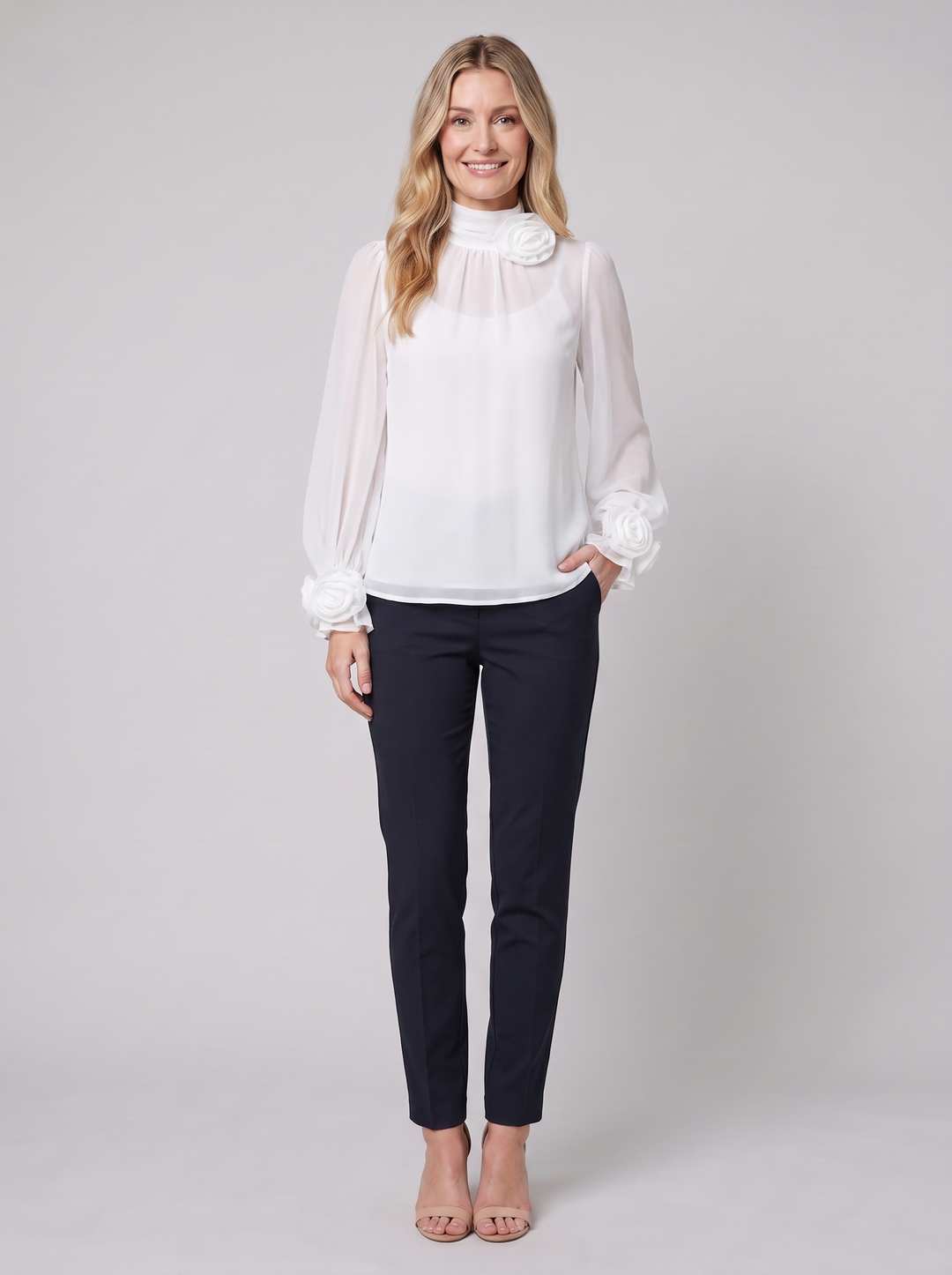 Isabelle 3D roses blouse white on model