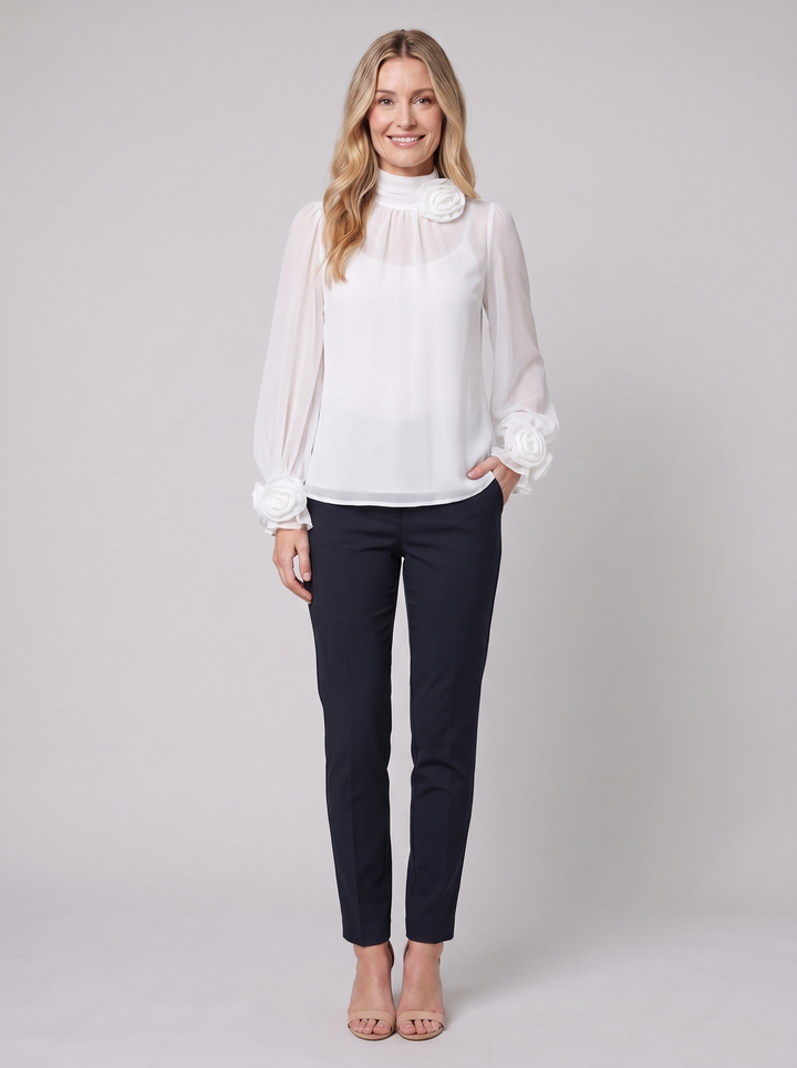 Isabelle 3D roses blouse white on model