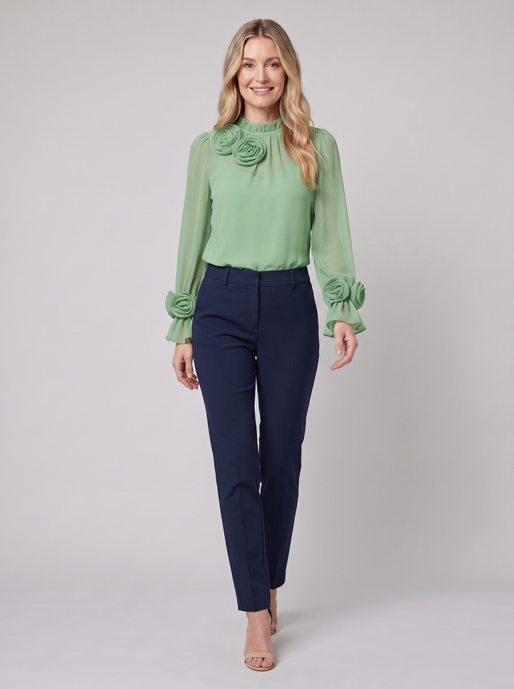 Isabelle 3D roses blouse light green on model